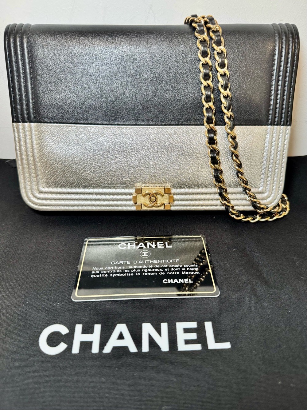 Chanel Boy Wallet On Chain In Metallic & Black Lambskin Leather W Gold Hardware